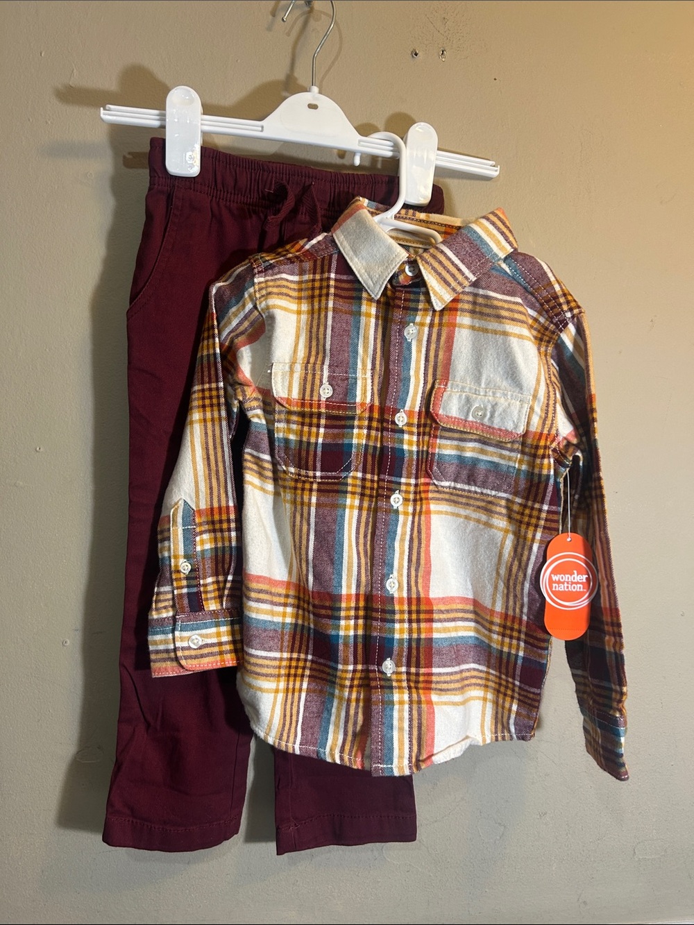 wonder nation Plaid Button-Up Shirt and Maroon Pants Set Size 4/5 New with Tags